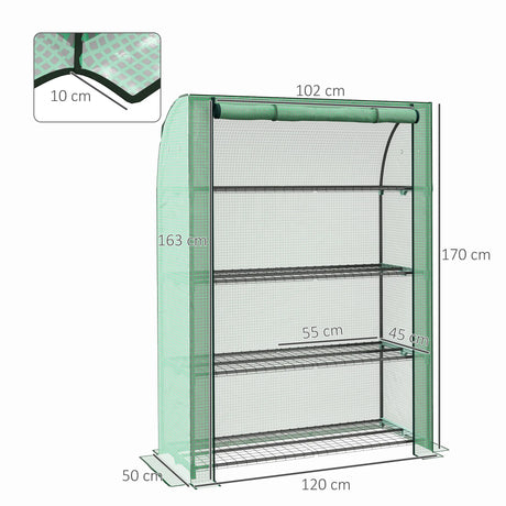 Outsunny 4 Tier Mini Greenhouse with Reinforced PE Cover, Portable Indoor Outdoor Green House with Roll-up Door and Wire Shelves, 170H x 120W x 50Dcm, Green