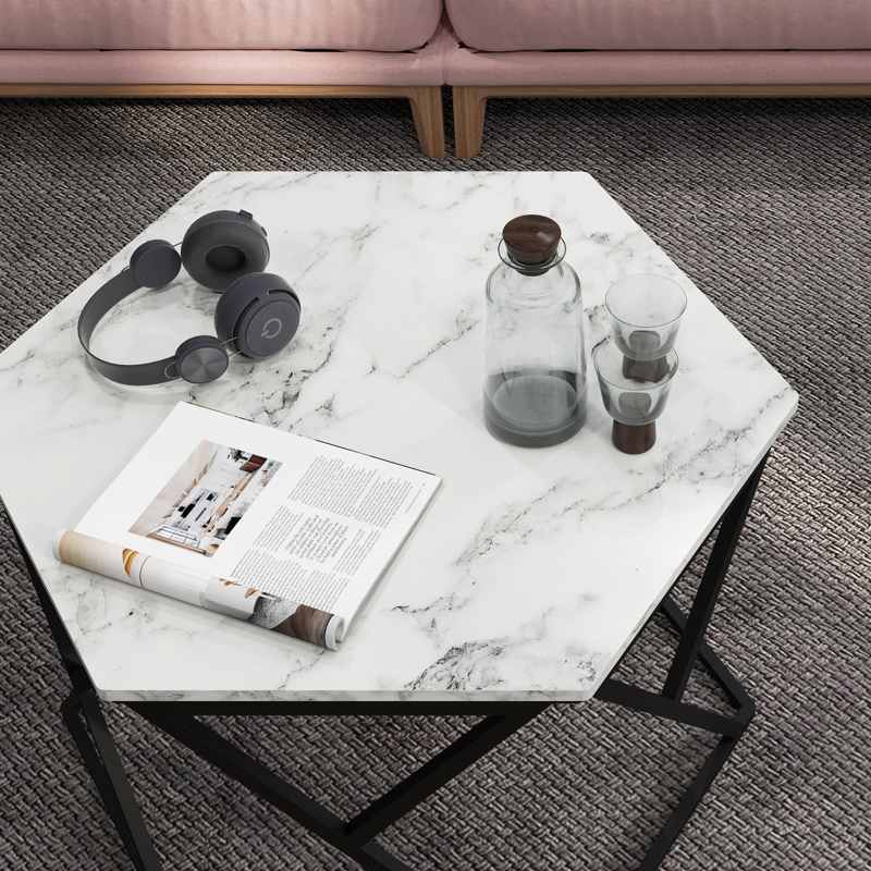 HOMCOM Hexagonal Coffee Table with High Gloss Marble Effect Table Top, Modern Cocktail Table with Steel Frame for Living Room, White