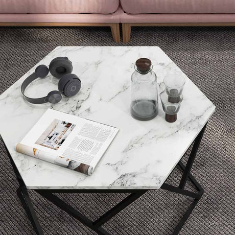 HOMCOM Hexagonal Coffee Table with High Gloss Marble Effect Table Top, Modern Cocktail Table with Steel Frame for Living Room, White