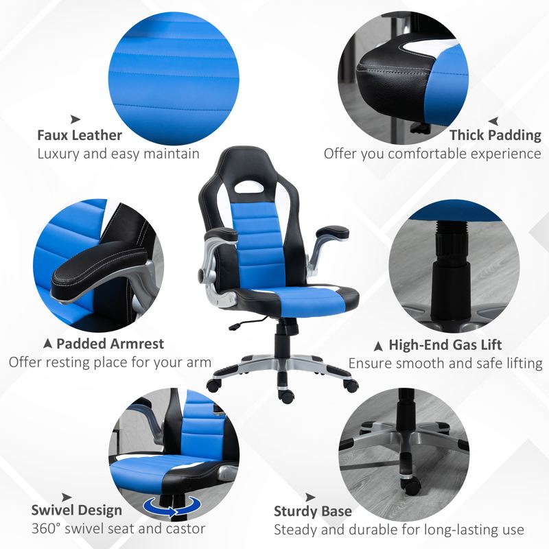 HOMCOM Computer Gaming Chair, Office Desk Swivel Chair, PU Leather Racing Chair with 90° Flip-up Armrest, Adjustable Height and Rolling Wheels, Blue