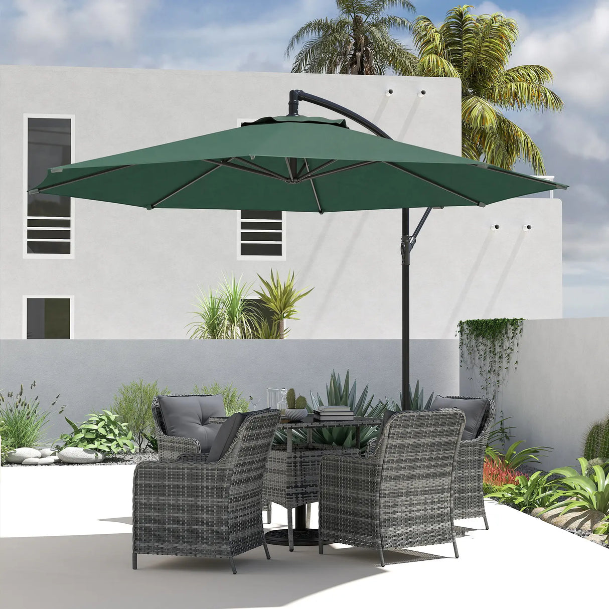 Outsunny 3 m Overhanging Cantilever Parasol, with Cross Base - Dark Green