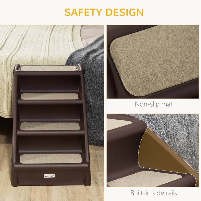 PawHut Foldable Four-Step Pet Stairs, for Cats, Small Miniature Dogs, with Non-Slip Mats 62 x 38 x 49.5cm - Brown