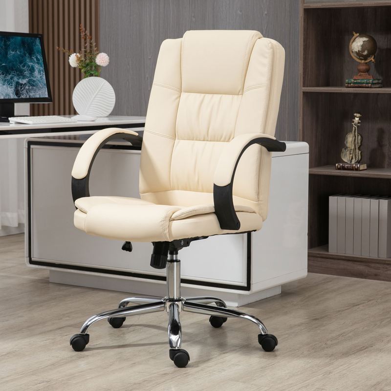 Vinsetto Office Chair, PU Leather Desk Chair with 13cm Soft Padded Seat and Backrest, Swivel Chair with Adjustable Height and Rolling Wheels, Beige