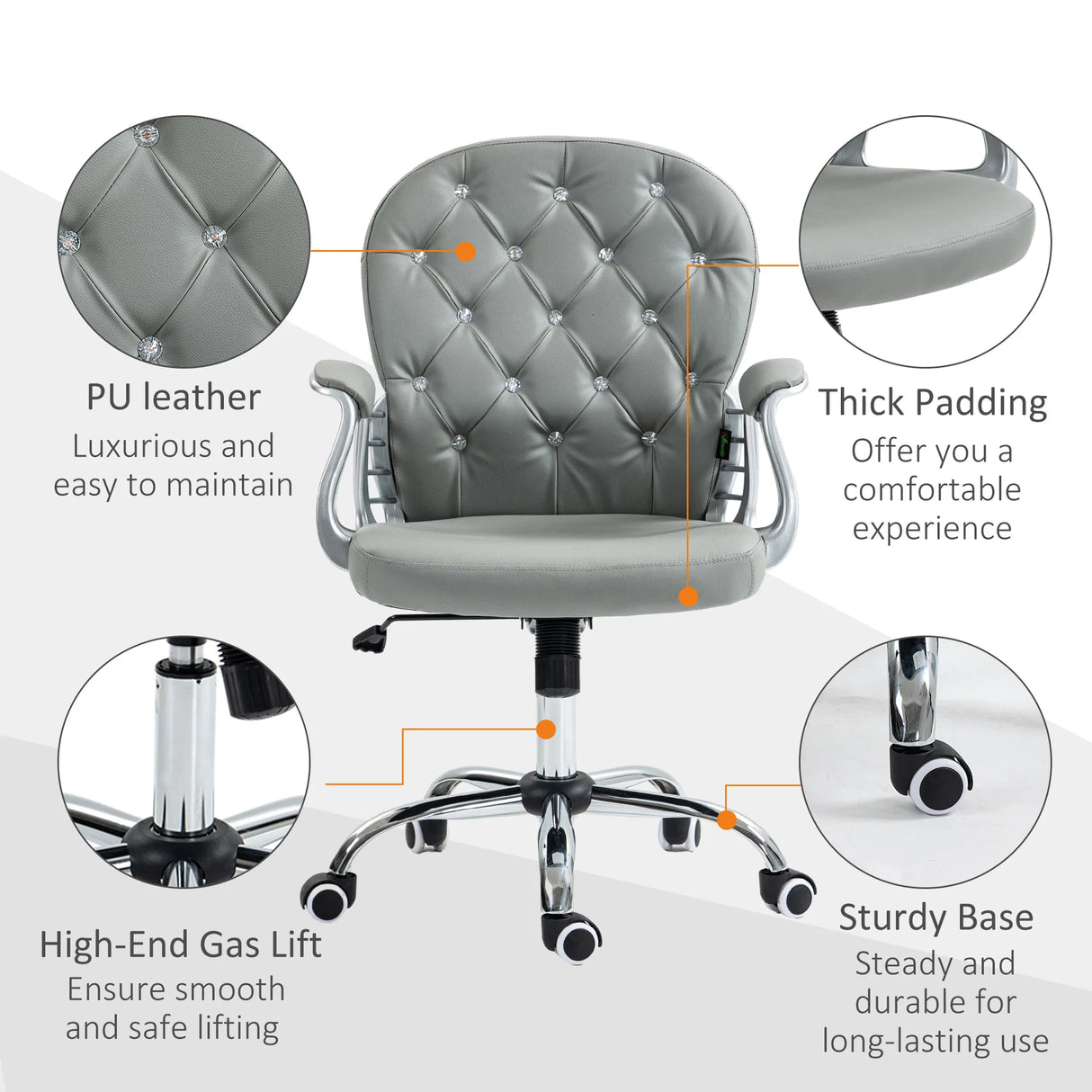 Vinsetto Office Chair Ergonomic 360 Swivel PU Diamante Padded Base 5 Castor Wheels for Home Work Grey