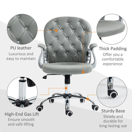 Vinsetto Office Chair Ergonomic 360 Swivel PU Diamante Padded Base 5 Castor Wheels for Home Work Grey