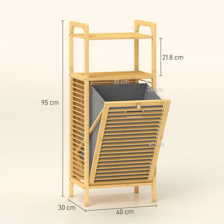 HOMCOM Bamboo Laundry Cabinet with Slatted Door, Bathroom Cabinet with Tilt-Out Hamper and Removable Liner Bag, 40 x 30D x 95 cm, Natural Wood Finish