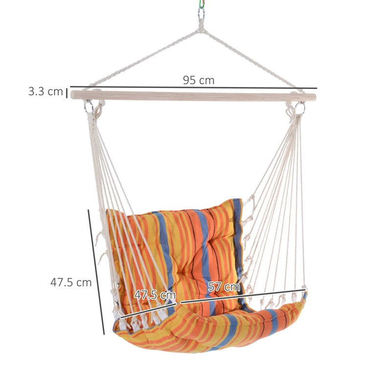 Outsunny Outdoor Hanging Rope Chair with Soft Padded Seat & Backrest, Garden Hammock Chair with Wooden Support Bar Cotton Cloth, Portable Garden Chair for Patio & Tree, Orange