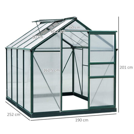 Outsunny 6 x 8ft Polycarbonate Greenhouse, Large Walk-In Green House with Slide Door and Window, Garden Plants Grow House with Aluminium Frame and Foundation, Dark Green