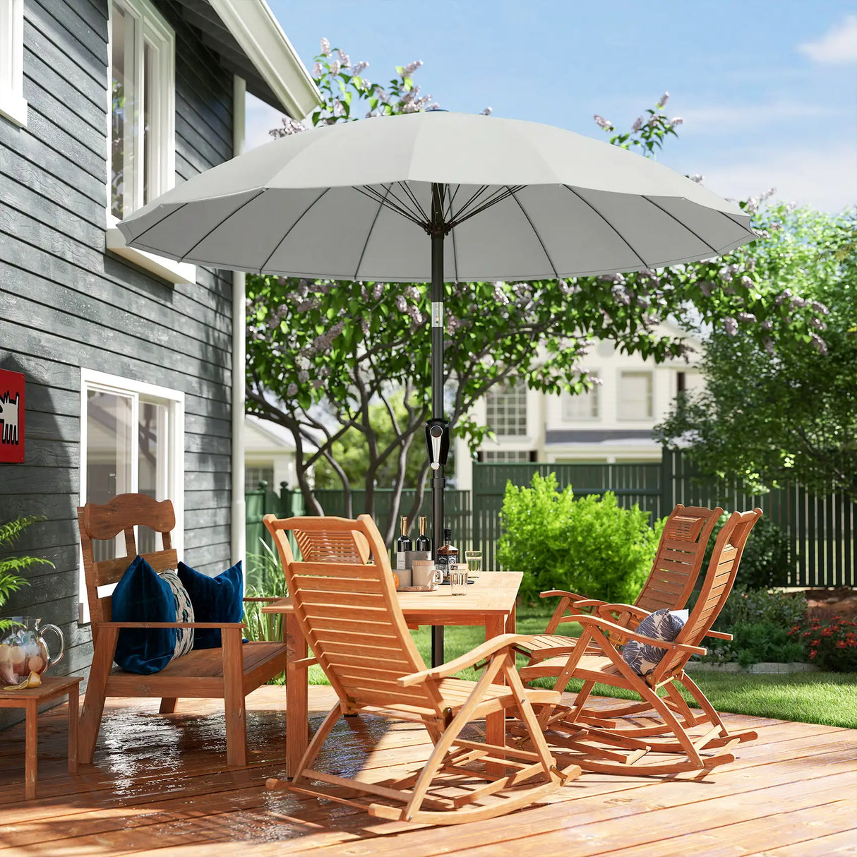 Outsunny 2 m Shanghai Garden Parasol Umbrella with 16 Fibreglass Ribs, Outdoor Parasol Sun Shade with Crank & Tilt, Light Grey