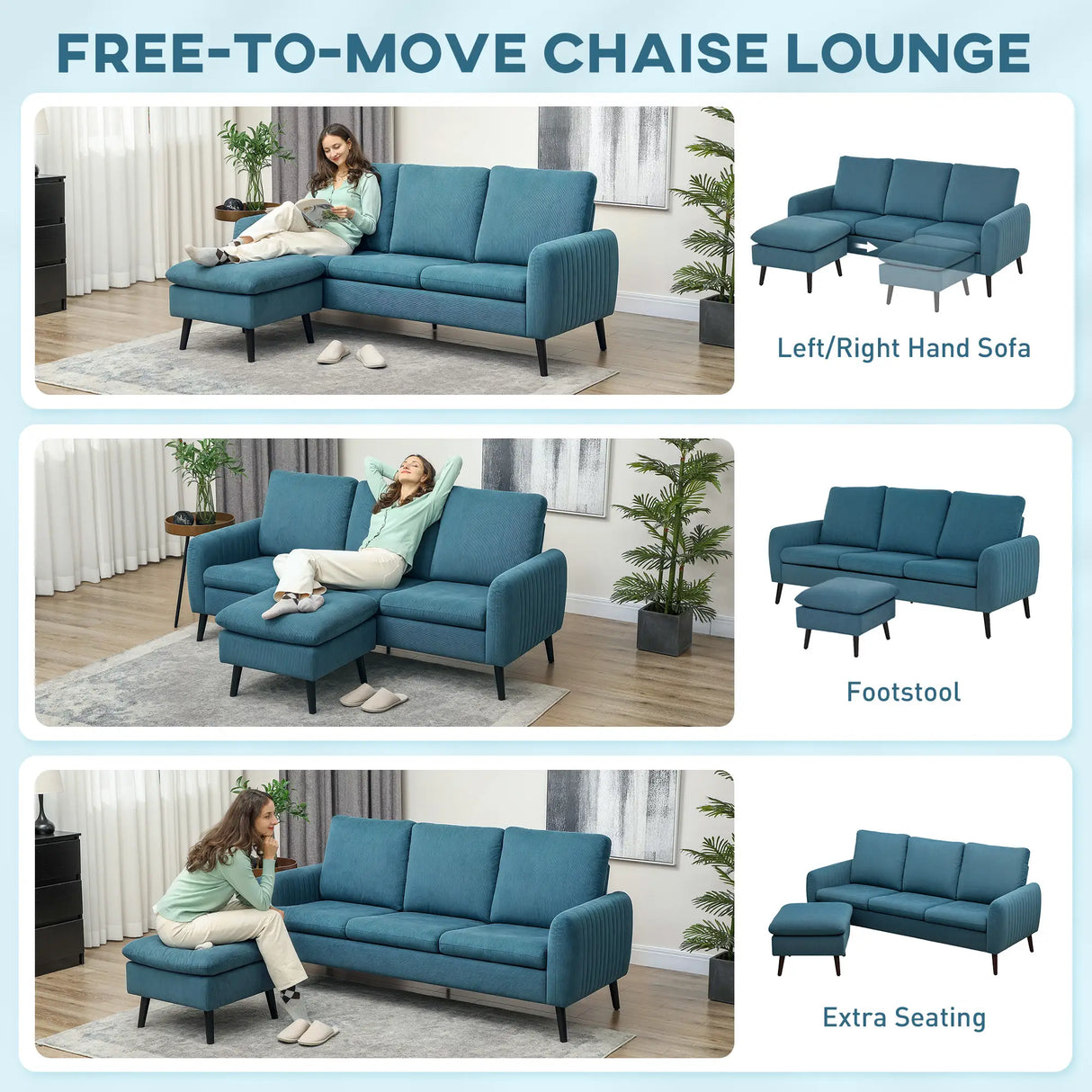 HOMCOM 3 Seater Sofa with Ottoman, 196cm Corduroy L-shaped Sofa Couch with Scatter Back, Reversible Chaise Lounge for Living Room, Home Office, Small Spaces, Blue