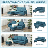 HOMCOM 3 Seater Sofa with Ottoman, 196cm Corduroy L-shaped Sofa Couch with Scatter Back, Reversible Chaise Lounge for Living Room, Home Office, Small Spaces, Blue