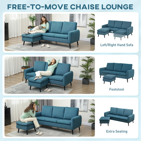 HOMCOM 3 Seater Sofa with Ottoman, 196cm Corduroy L-shaped Sofa Couch with Scatter Back, Reversible Chaise Lounge for Living Room, Home Office, Small Spaces, Blue