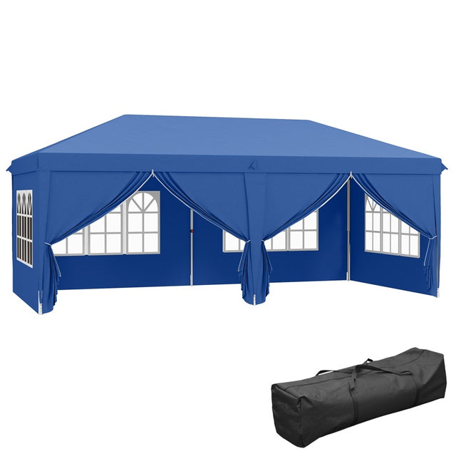 Outsunny 3 x 6 m Garden Pop Up Gazebo, Wedding Party Tent Marquee, Water Resistant Awning Canopy with Sidewalls, Windows, Carry Bag, Blue