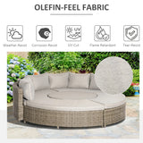 Outsunny 5 Pieces Outdoor PE Rattan Round Garden Daybed with Cushions, Aluminium Patio Furniture Set Lounge Chair Conversation Sofa Set with Liftable Coffee Table and Protect Cover, Grey