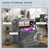 PawHut Pet Feeder Station, Dog, Cat Storage Container, with Raised Bowls, Hanger, Cabinet - Grey