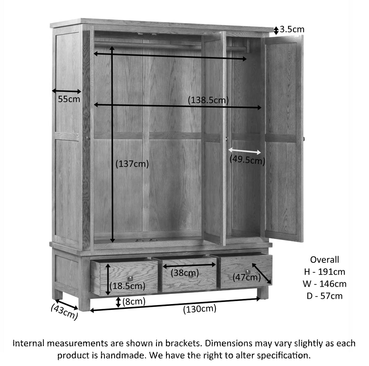Triple Wardrobe With 3 Drawers