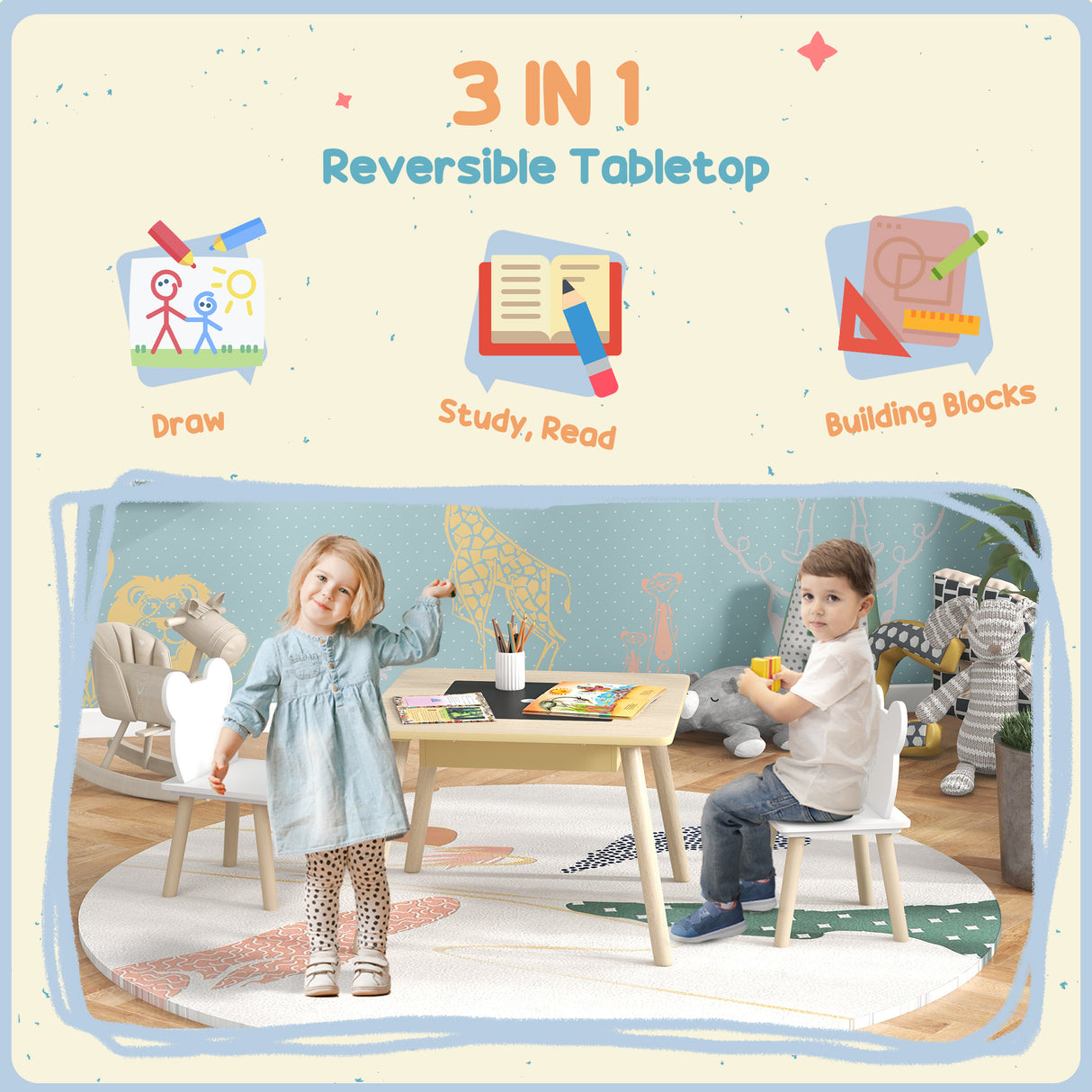 AIYAPLAY 3-Piece Kids Table and Chairs Set with Convertible Desk and Storage Grid, Kids Activity Table for Nursery, Playroom