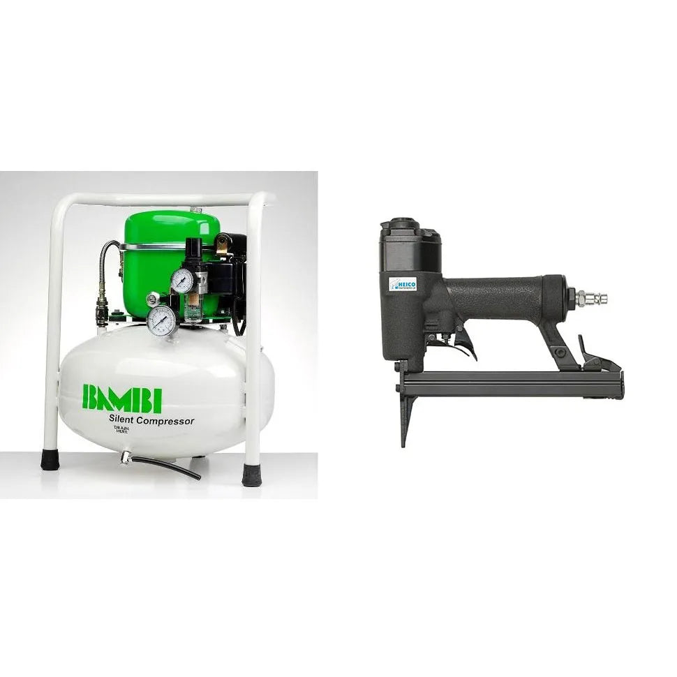 Bambi 15 Ltr Compact Silent Air Compressor Kit  with HEICO Long Nose Staple Gun