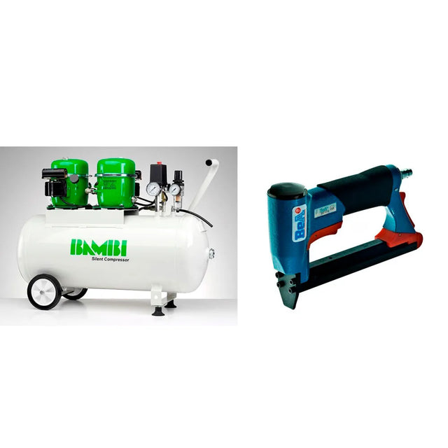 Bambi 24 Ltr Standard Double Pump Compressor Kit  with wheels and BeA Staple Gun