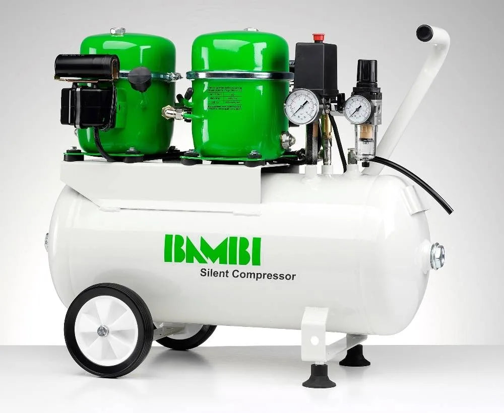 Bambi 50 Ltr Standard Double Pump Silent Air Compressor Kit  with wheels and BeA Single Shot Staple Gun