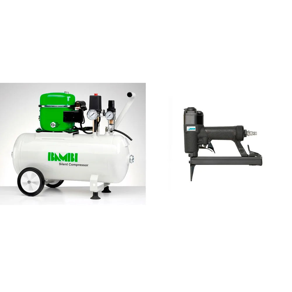 Bambi 24 Ltr Standard Silent Air Compressor Kit  with wheels and HEICO Long Nose Staple Gun