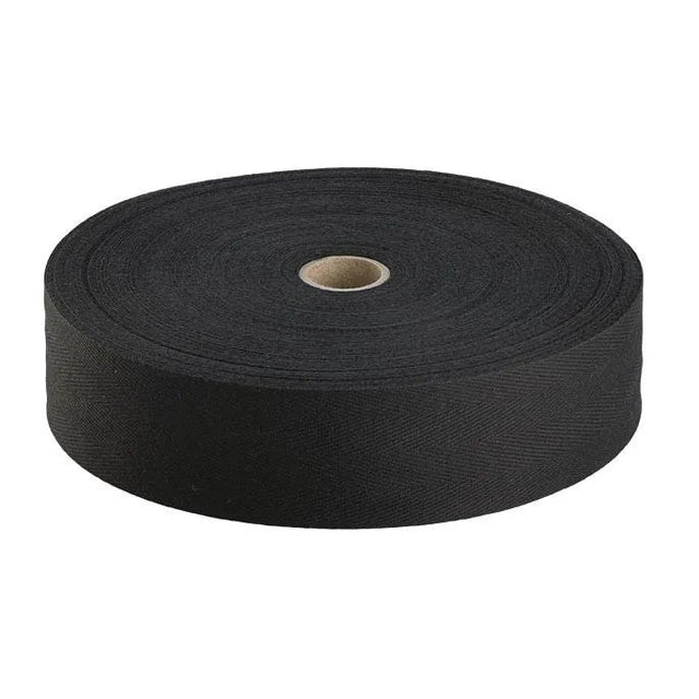 25mm Black Herringbone Cotton Tape  50m Reel