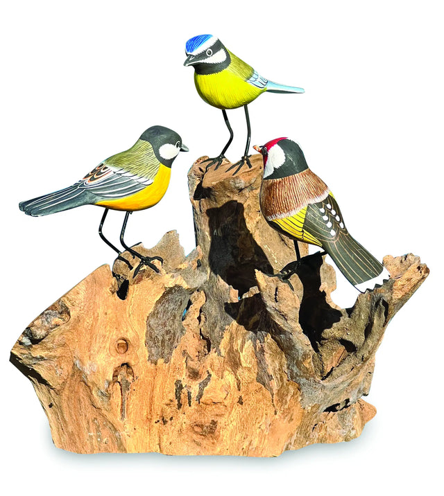 3 Hand Carved, Hand Painted Birds On Driftwood