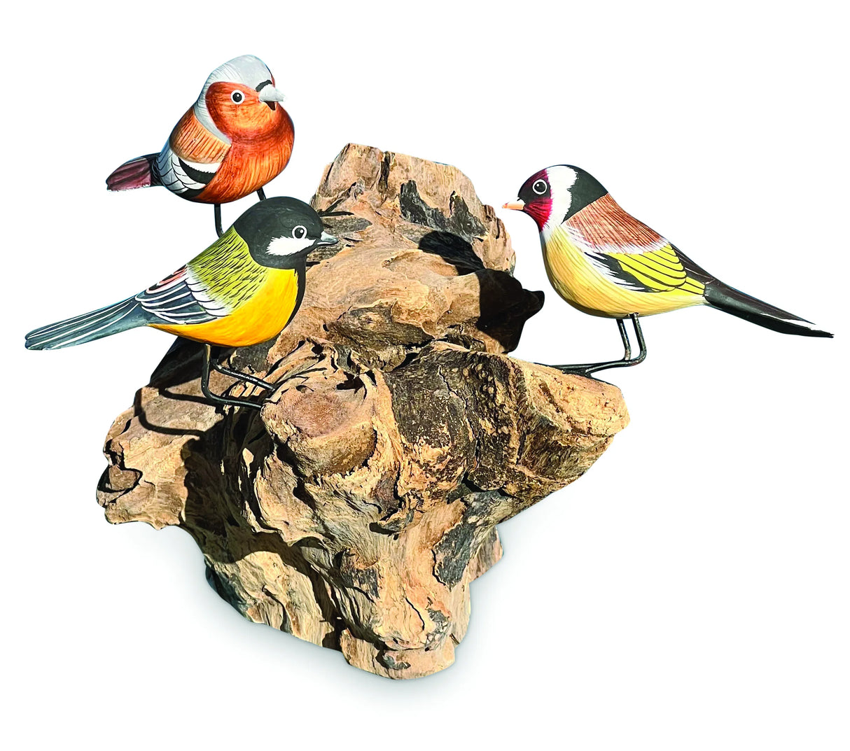 3 Hand Carved, Hand Painted Birds On Driftwood