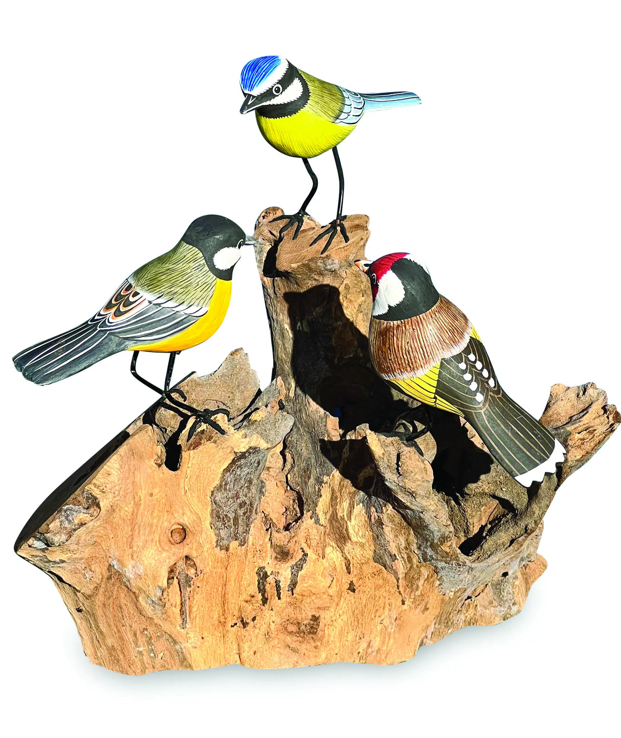 3 Hand Carved, Hand Painted Birds On Driftwood