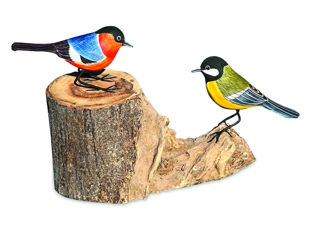 2 Hand Carved, Hand Painted Birds On Driftwood