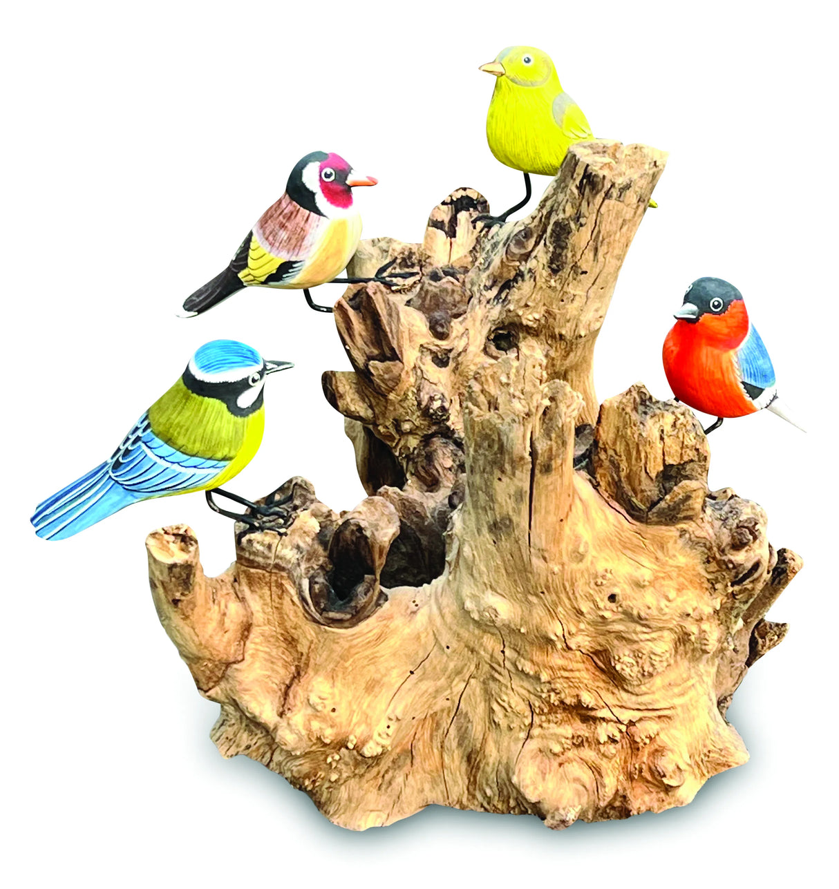 4 Hand Carved, Hand Painted Birds On Driftwood