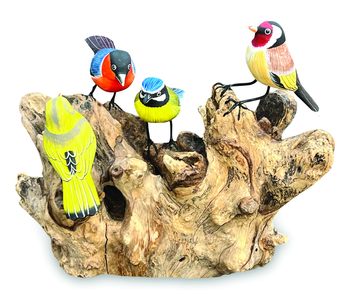 4 Hand Carved, Hand Painted Birds On Driftwood