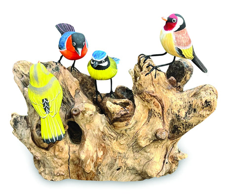 4 Hand Carved, Hand Painted Birds On Driftwood
