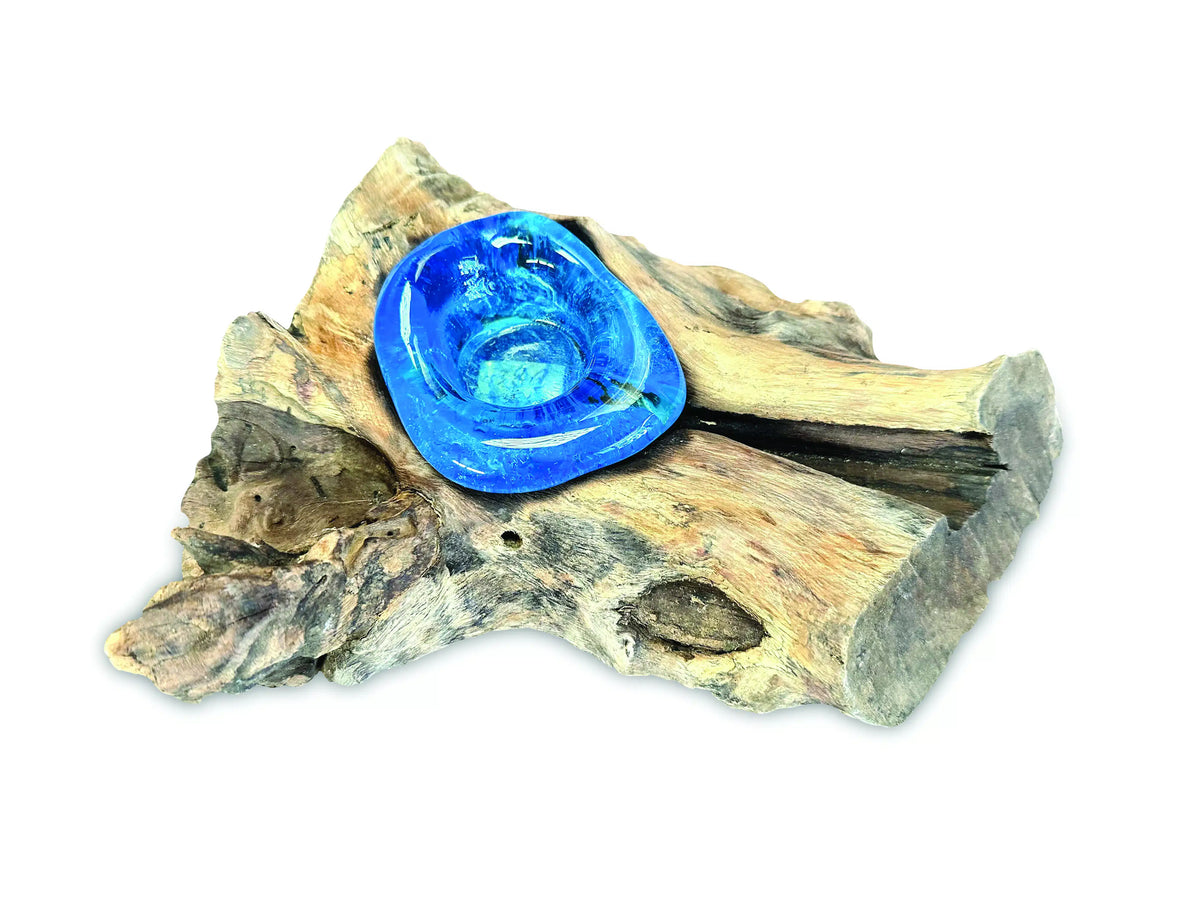 Root With Glass Candle Holder - Blue Stained Single