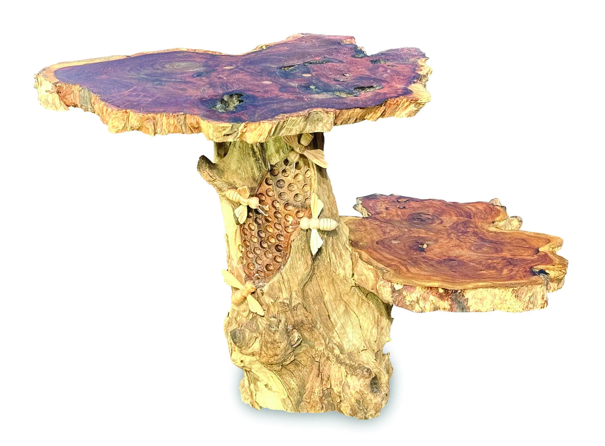 Driftwood Beehive Lamp Table, 2 Shelves, 4 Bees, 30cm