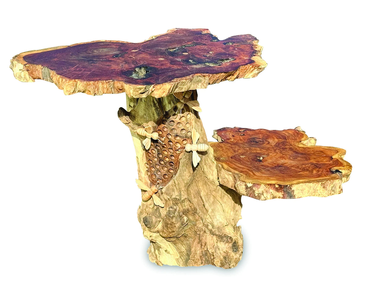 Driftwood Beehive Lamp Table, 2 Shelves, 4 Bees, 30cm