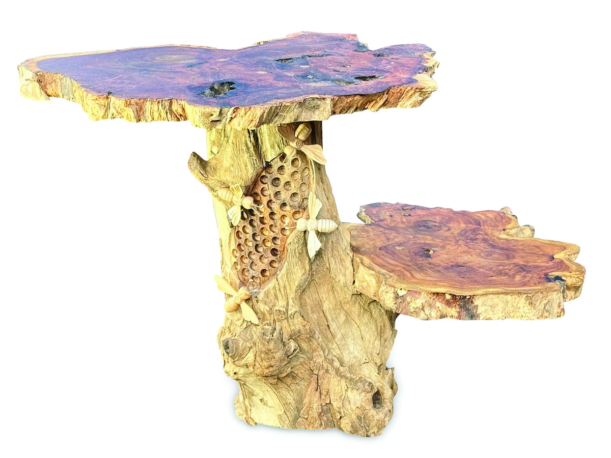Driftwood Beehive Lamp Table, 2 Shelves, 4 Bees, 30cm