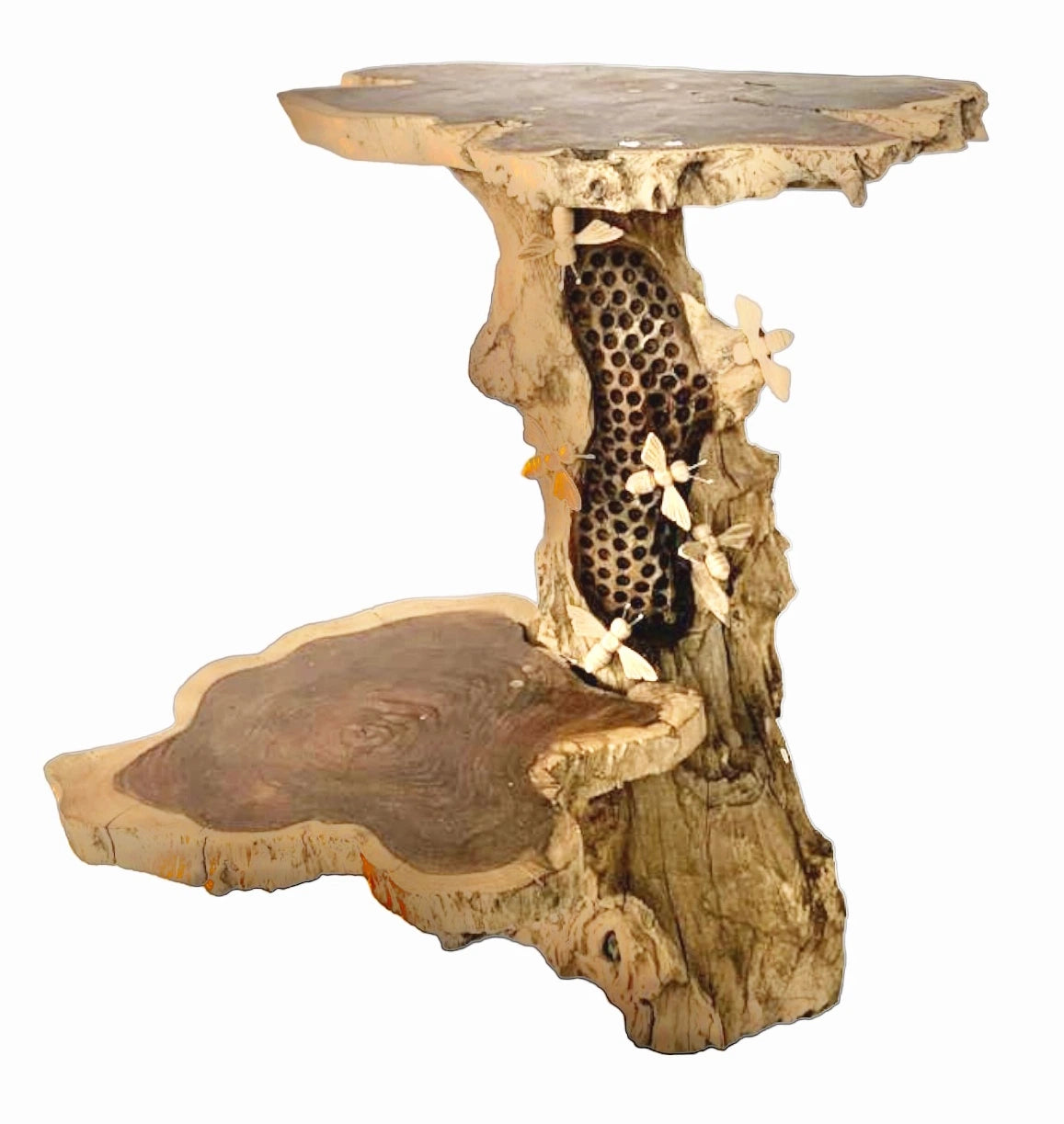 Driftwood Beehive Lamp Table, 2 Shelves, 4 Bees, 30cm