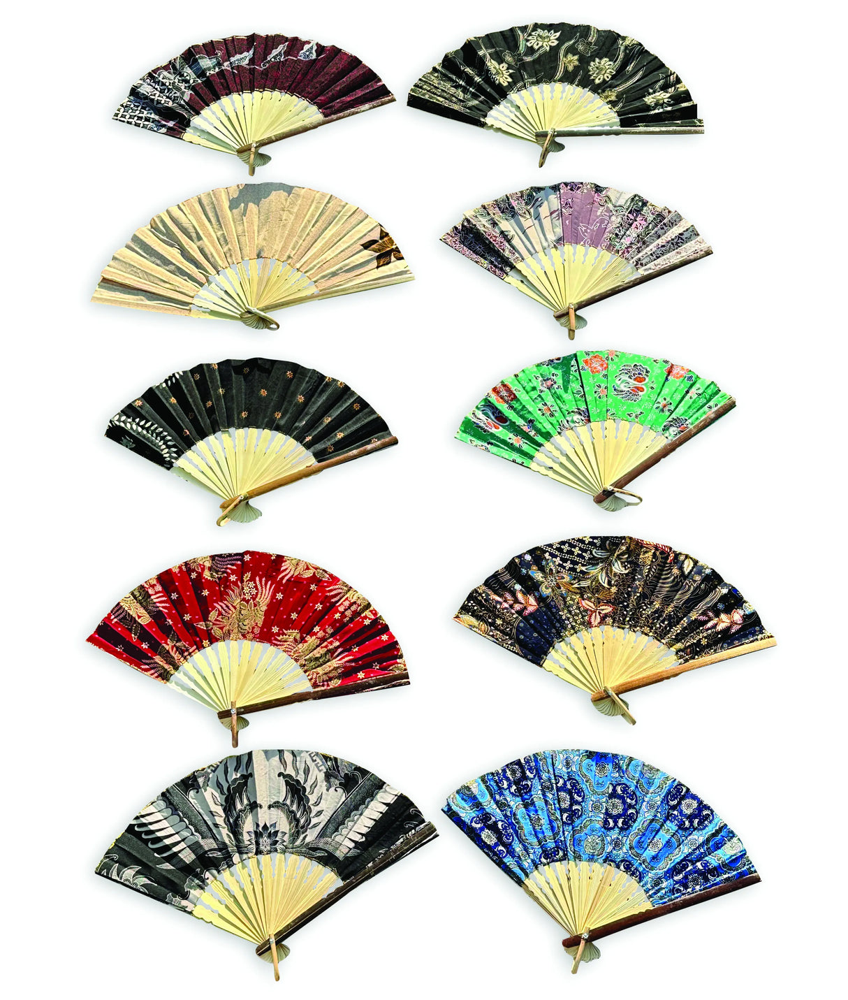 Bali Batik Fabric Folding Fans 30cm (Pack Of 10 Random Mixed Colours)