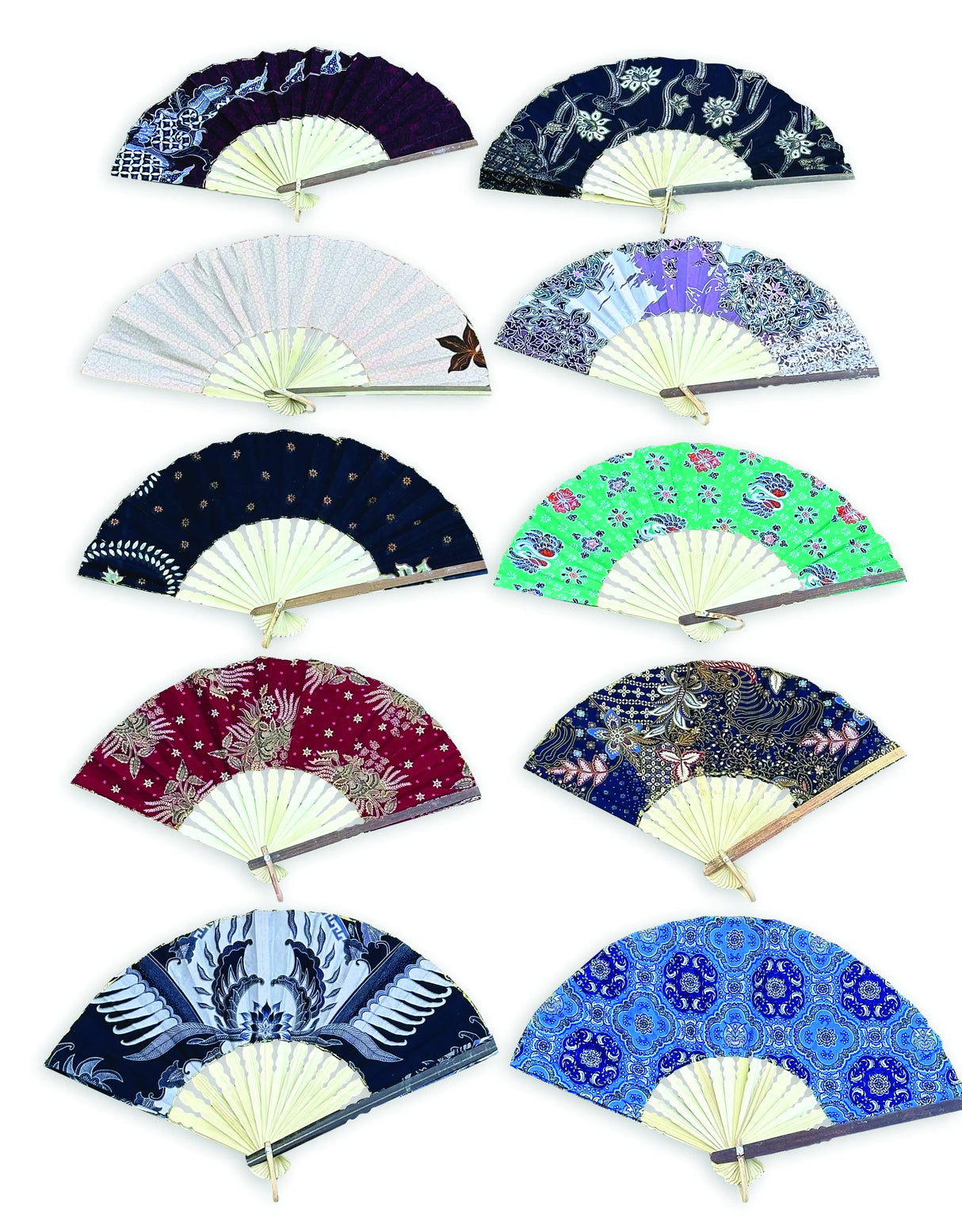 Bali Batik Fabric Folding Fans 30cm (Pack Of 10 Random Mixed Colours)
