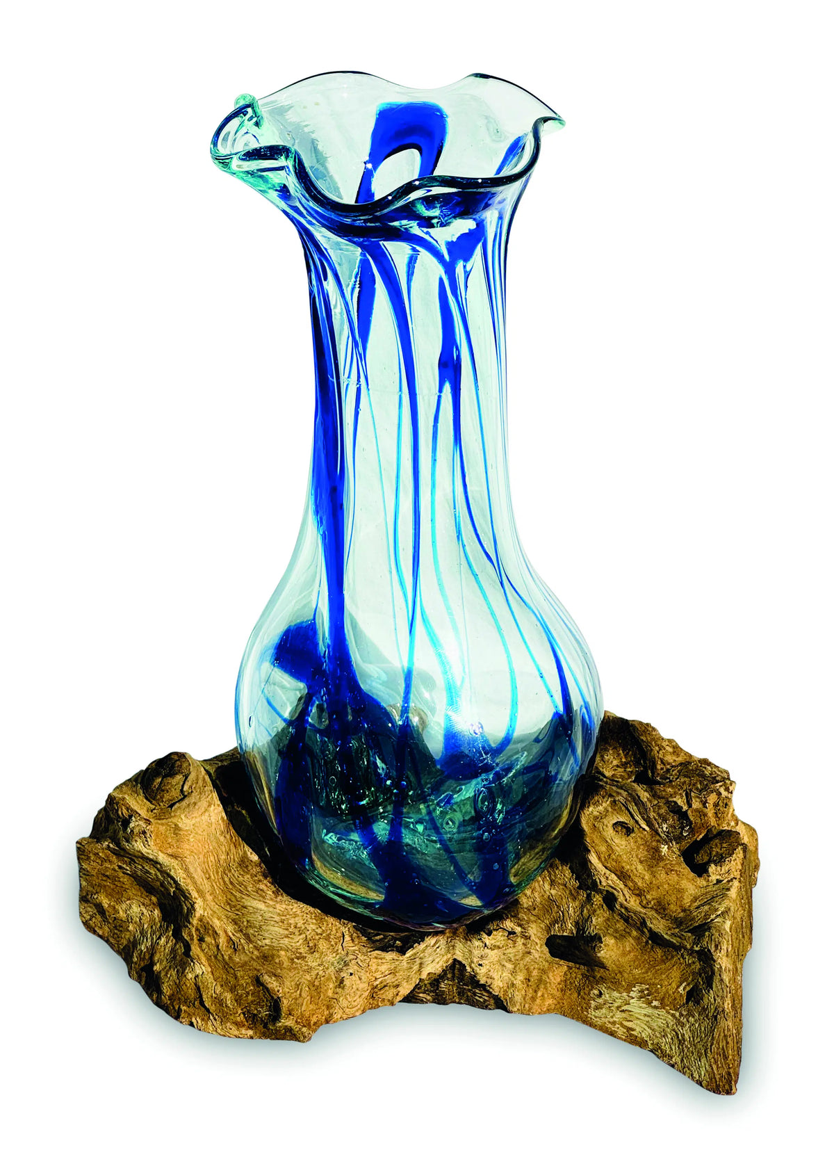 Driftwood With Layered Blue Crinkle Molten Glass Vase 25cm