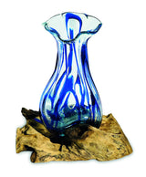 Driftwood With Layered Blue Crinkle Molten Glass Vase 25cm