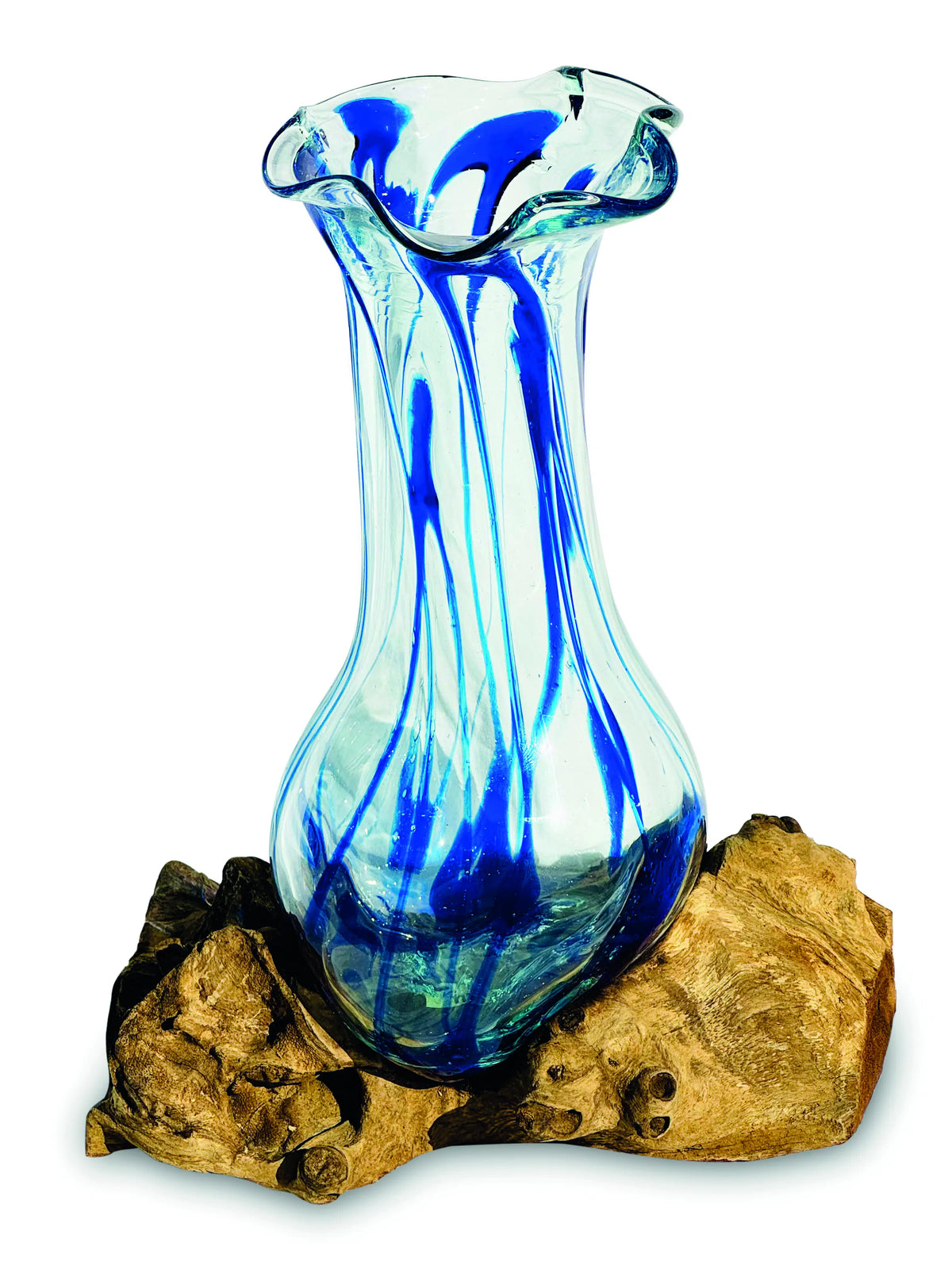 Driftwood With Layered Blue Crinkle Molten Glass Vase 25cm