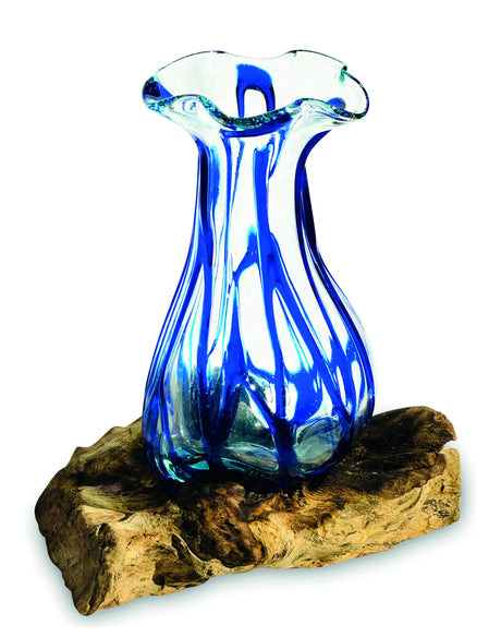Driftwood With Layered Blue Crinkle Molten Glass Vase 25cm
