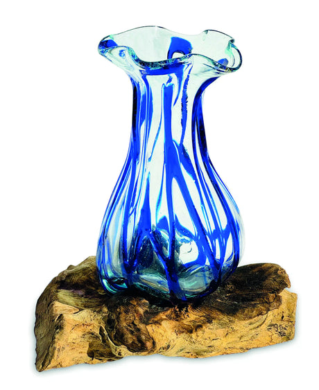 Driftwood With Layered Blue Crinkle Molten Glass Vase 25cm