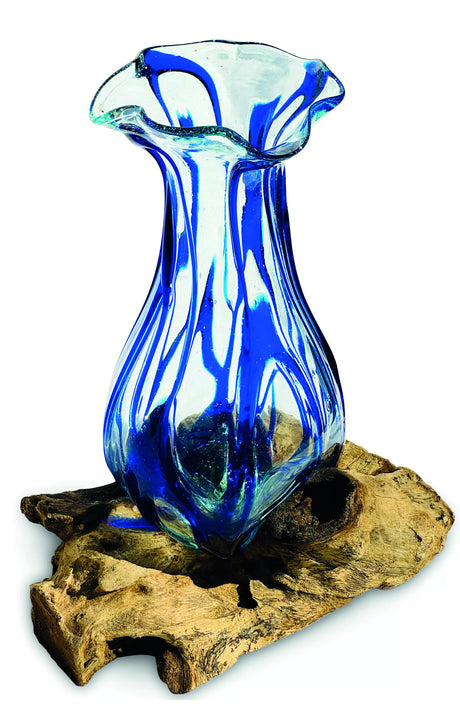 Driftwood With Layered Blue Crinkle Molten Glass Vase 25cm
