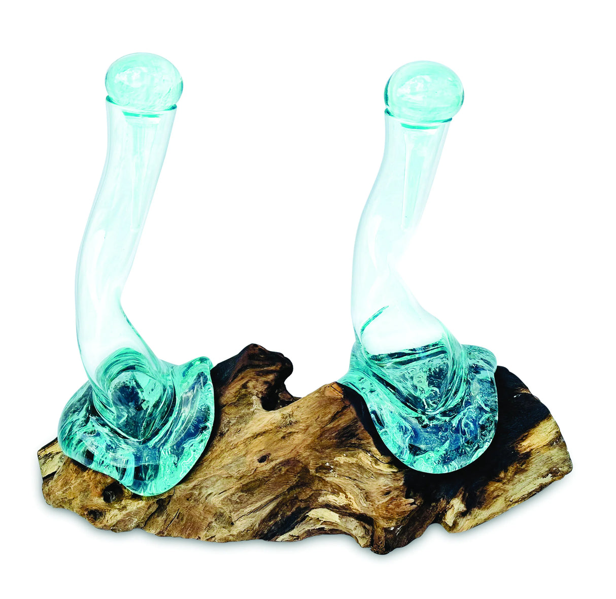 Molten Glass Oil & Vinegar Bottles On Root Sculpture