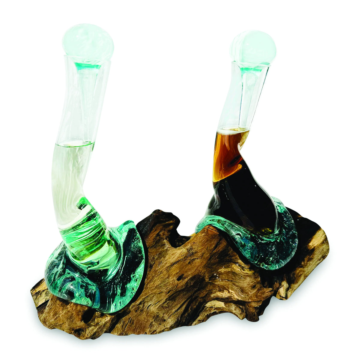 Molten Glass Oil & Vinegar Bottles On Root Sculpture