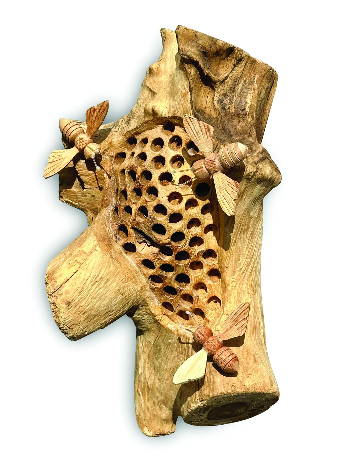 Wall Hanging Beehive Sculpture With 3 Bees