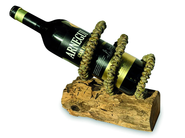 Driftwood & Rope Wine Holder Tilted